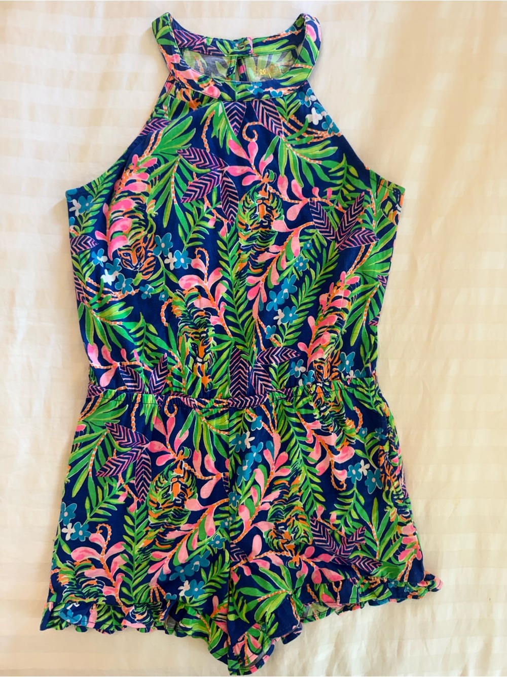Lilly Pulitzer Girls' Navy Tropical High-Neck One-Piece Swim Romper